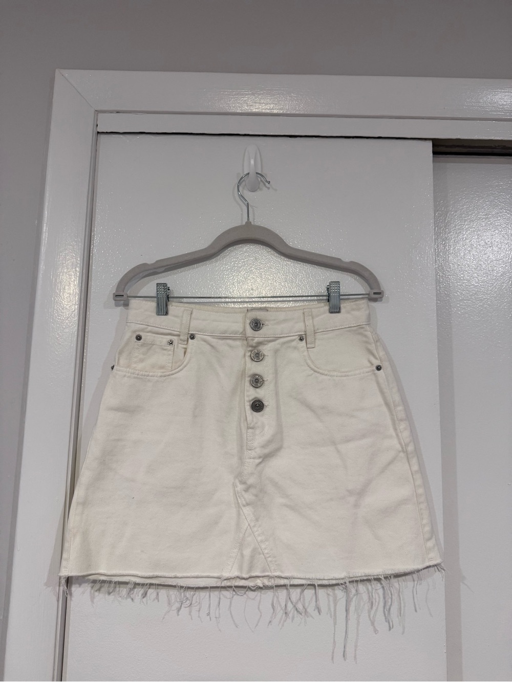 BDG Cream Button-Front A-Line Denim Mini Skirt